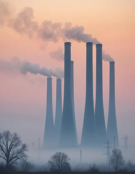 Misty Dawn at the Power Plant, color digital photograph, industrial landscape photography, cool tones, fog, bare trees, power plant cooling towers, smokestack, smoke, pastel sky, sunrise or sunset, ethereal, serene, tranquil, expansive, environmental, energy production, nature vs industry, open field, soft light, minimalism, silhouette, atmospheric perspective.