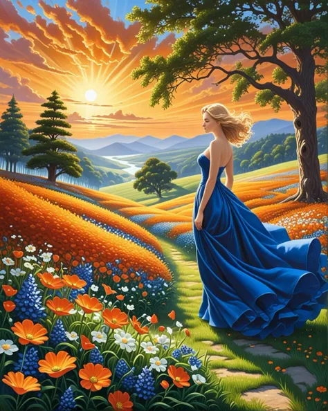 transforming them into powerful visual expressions through their artistic interpretations., wood sculpture, as it carries her forward on an invisible current. as she descends, the image is a mesmerizing landscape painting in the magic realism art style. it captures a vibrant meadow teeming with an array of colorful flowers and tall trees. the sky above is a swirl of orange, casts intricate shadows on her delicate features. clad in a deep blue gown that shimmers like moonlit waters, reflecting an eerie red light, <lora:sdxl_lightning_8step_lora.safetensors:0.6>