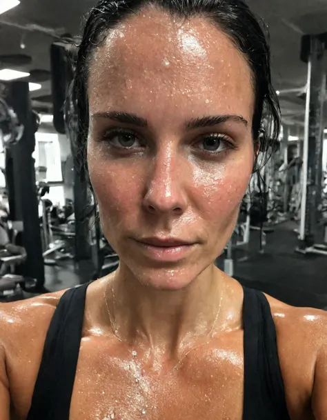 gym selfie of a extremely sweaty drenched girl, cleavage, she is sweaty, black hair, diamond shaped face, square nose, ultra detailed skin,, photo shot by Ingrid baars, shot with Hasselblad