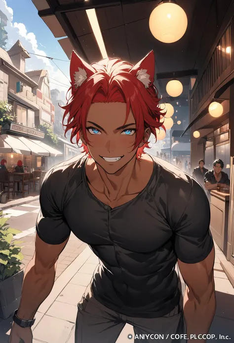 (Masterpiece, official art, best quality), dynamic lighting, light bokeh, tanned skin, tan, Charlie Pe'kova, 1boy, male focus, mature male, solo, looking at viewer, short hair, blue eyes, shirt, red hair, building, extremely detailed, (highly detailed, hyperdetailed, intricate), ((DAY TIME)), (lens flare:0.7), (bloom:0.7), raytracing, detailed eyes, detailed face, Standing outside a cafe in the middle of the California Summer, science fiction, cat ears, animal ears, grin, hispanic heritage, Ser Rodriguez the Fifteenth of the Rodriguez Dork Clan, SDXL make it poppy i swear! , <lora:CharlieRodriguezXL:0.4>