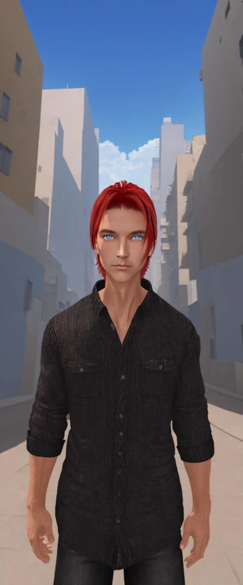 <lora:CharlieRodriguezXL:0.8> RAW, dynamic lighting, light bokeh, tanned skin, tan, Charlie Pe'kova, 1boy, male focus, mature male, solo, looking at viewer, short hair, blue eyes, shirt, red hair, building, extremely detailed,