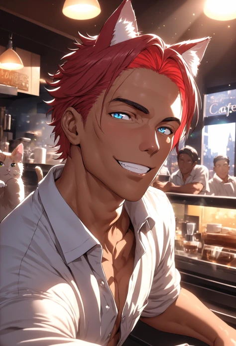 masterpiece, best quality, dynamic lighting, light bokeh, tanned skin, tan, Charlie Pe'kova, 1boy, male focus, mature male, solo, looking at viewer, short hair, blue eyes, shirt, red hair, building, lens flare, bloom, raytracing, detailed eyes, detailed face, cafe scene, cat ears, animal ears, grin, hispanic heritage, <lora:CharlieRodriguezXL:0.4>