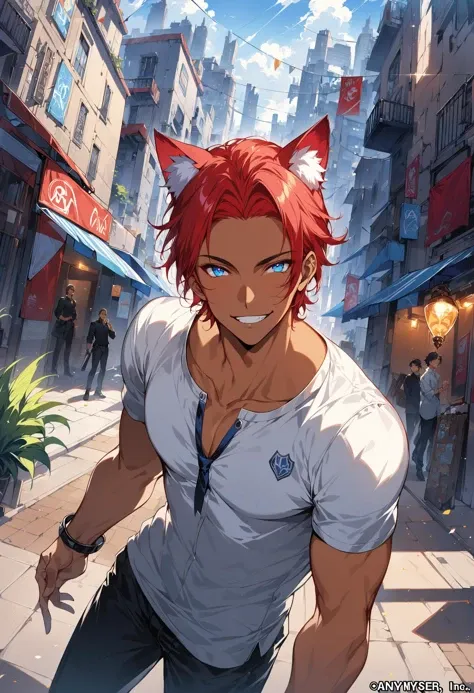 (Masterpiece, official art, best quality), dynamic lighting, light bokeh, tanned skin, tan, Charlie Pe'kova, 1boy, male focus, mature male, solo, looking at viewer, short hair, blue eyes, shirt, red hair, building, extremely detailed, (highly detailed, hyperdetailed, intricate), ((DAY TIME)), (lens flare:0.7), (bloom:0.7), raytracing, detailed eyes, detailed face, science fiction, cat ears, animal ears, grin, hispanic heritage, Ser Rodriguez the Fifteenth of the Rodriguez Dork Clan, SDXL make it poppy i swear! , <lora:CharlieRodriguezXL:0.4>