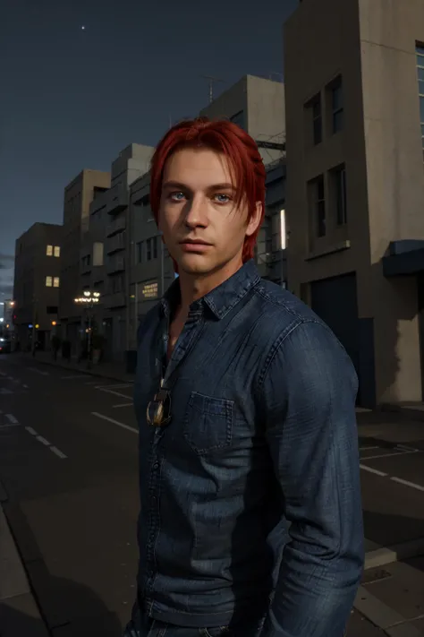Charlie Pe'kova, ((masterpiece, best quality)), 1boy, male focus, mature male, tanned skin, tan, solo, looking at viewer, short hair, blue eyes, shirt, red hair, building, extremely detailed, detailed eyes, detailed face, Highly detailed RAW color Photo, dynamic lighting, light bokeh, EpicMix-TshirtJeansSetting, <lora:Charlie:0.5>