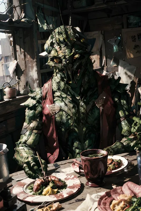 alien, green skin, tall, yellow eyes, wearing a red vest, looking at viewer, smiling,
interior of a shack, sitting, eating food, plate of pink prawns, extreme detail, hdr, fantasy quality, <lora:District9:.7>