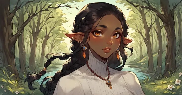 score_9,score_8_up,score_7_up,score_6_up,score_5_up,score_4_up source_questionable, 1girl,solo,long hair,looking at viewer,black hair,dress,brown eyes,jewelry,braid,earrings,outdoors,pointy ears,dark skin,necklace,white dress,dark-skinned female,tree,lips,orange eyes,tattoo,piercing,elf,ear piercing,nature,forest,freckles,<lora:Lunas-NatTheLich-SDXL-C2:1>,