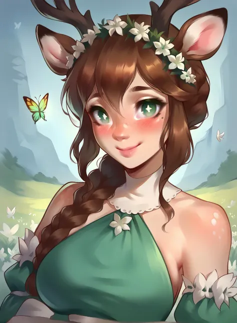 score_9,score_8_up,score_7_up,score_6_up,score_5_up,score_4_up source_safe, 1girl,solo,long hair,breasts,looking at viewer,blush,smile,brown hair,animal ears,jewelry,closed mouth,green eyes,upper body,braid,flower,detached sleeves,bug,butterfly,bright pupils,freckles,green dress,white pupils,antlers,head wreath,deer ears,<lora:Lunas-GreenuCorm-SDXL-A1:0.8>,