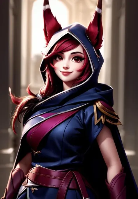 sfw, <lora:xayah:0.8>, xayah, hood, 1girl, solo, smile,, (masterpiece, best quality, absurdres, detailed, ultra-detailed:1.3), beautiful