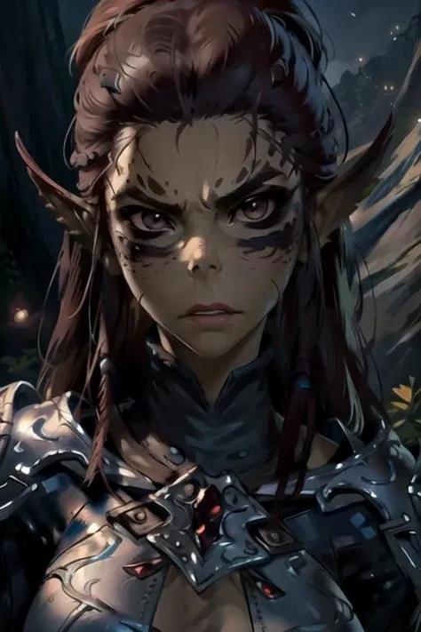 (8k, masterpiece, best quality, solo, lae-zel, body markings, portrait, angry face), full armor, looking at camera, simple dark background, <lora:Lae-zel:0.95>