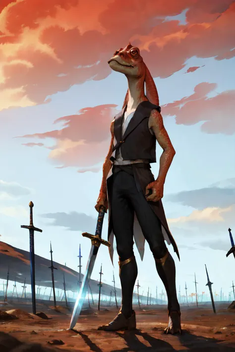 Highly detailed, High Quality, Masterpiece, beautiful, sharp focus, Jar Jar Binks, vest, <lora:Char_Meme_JarJarBinks:0.6>, Unlimited Blade Works, <lora:UnlimitedBladeWorks1.6:0.9>, full body, planted, planted sword, wide shot, dramatic