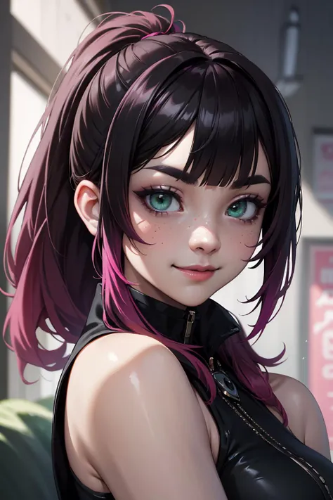 highres, masterpiece, perfect lighting, bloom, cinematic lighting, adult, female, looking at viewer, (RSEEmma:1.5),<lora:RSERomantic_RSESofiko_RSEEmma-v1:0.3>, side-swept bangs, black hair, pink IncursioDipDyedHair, messy mid ponytail, green eyes, thick eyebrows, freckles, smile <lora:DipDyedHair:1>