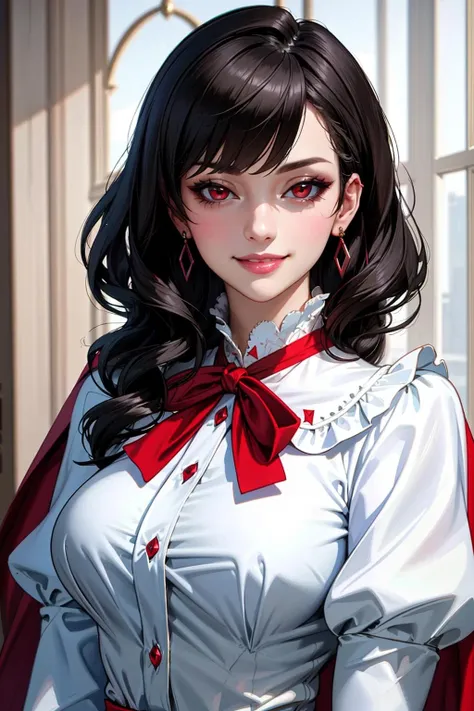 ((Masterpiece, best quality)),edgQuality,smirk,smug, smile,
edgCT, a woman in a blouse, puffy sleeves,wearing edgCT,chic top ,ribbon,cape
<lora:edgChicTops1:0.7>
 <lora:Nevin:0.25>Nevin,dark hair,(red eyes),