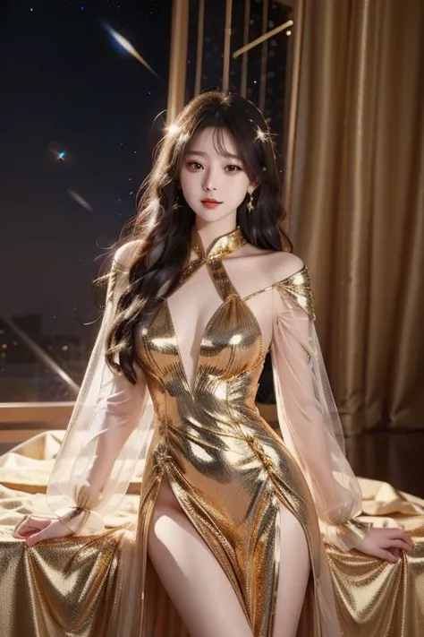 masterpiece, best quality, highres, 1girl, <lora:constellation:0.8> constellation, mecha, jewelry,golden dress,