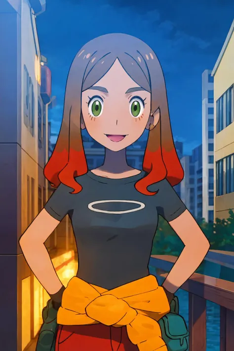 masterpiece, best quality, looking at viewer, facing viewer, nice hands, perfect hands, <lora:PokemonV2:1> <lora:GoodHands-vanilla:1>, generation 9, 1girl, solo, (night:1.3), low key, <lora:LowRA:0.7>, excited, blush, balcony, penthouse, wide windows, city, smile, happy, <lora:ph-orla:0.7>, ph-orla, black shirt orange pants, brown hair, orange tips, green eyes, blunt bangs, medium breasts