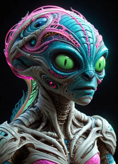 Space Alien, close-up, hyper detailed, artstation, sharp focus, studio photo, intricate details, highly detailed, <lora:ais-bndgs-sdxl:0.55> ais-bndges <lora:GCXL_v4_bf16:0.65> <lora:xl_more_art-full_v1:0.7>, Ombre color scheme of neon blue, neon pink, neon yellow, neon green, neon orange,, subsurface scattering, Photorealistic, Hyperrealistic, analog style, realistic, film photography, soft lighting, heavy shadow