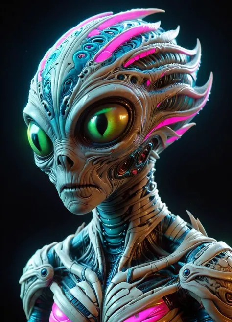 Space Alien, close-up, hyper detailed, artstation, sharp focus, studio photo, intricate details, highly detailed, <lora:ais-bndgs-sdxl:0.55> ais-bndges <lora:GCXL_v4_bf16:0.65> <lora:xl_more_art-full_v1:0.7>, Ombre color scheme of neon blue, neon pink, neon yellow, neon green, neon orange,, subsurface scattering, Photorealistic, Hyperrealistic, analog style, realistic, film photography, soft lighting, heavy shadow