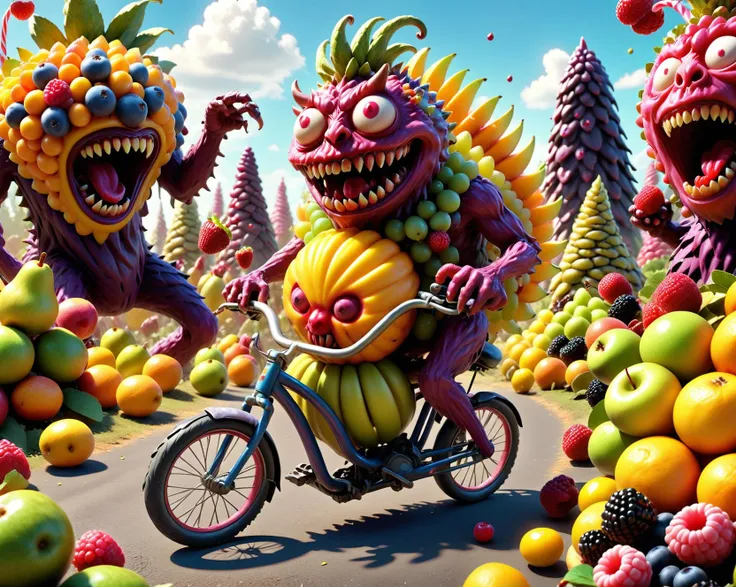 Movie action scene of a creature ( fruit monster consisting entirely of various fruits and berries) with an evil smile on its face rides a bike, 3d style, CGI, extremely quality, extremely detailed, ultra realistic, horror style, destroyed post-apocalyptic Candy land in the background, Ancient one <lora:GCXL_v4:0.6>,  <lora:Candy_land_2:0.5>