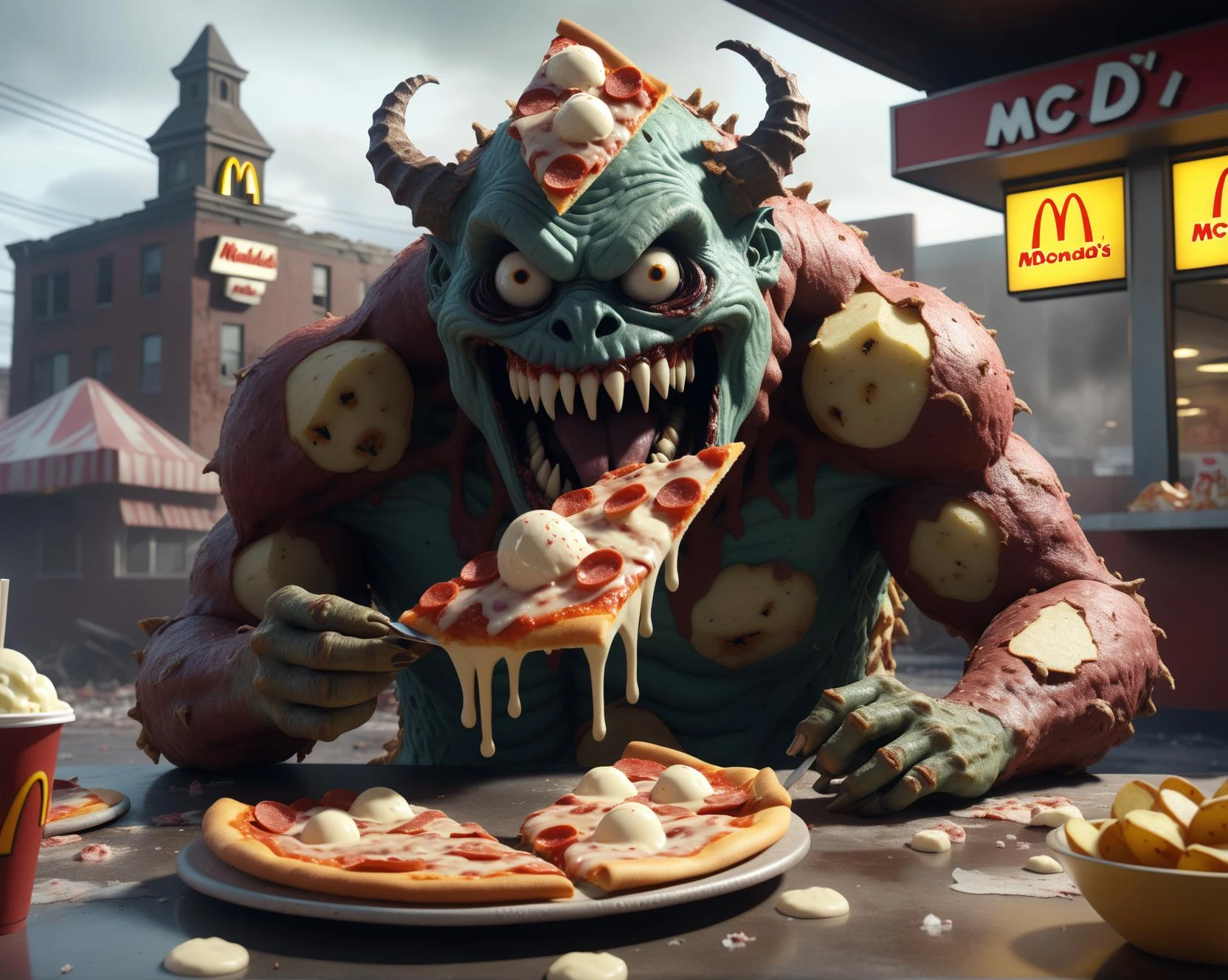 Movie action scene of a creature ( monster consisting entirely of slices of pizza and potatoes) with an evil smile on its face eating ice cream, 3d style, CGI, extremely quality, extremely detailed, ultra realistic, horror style, in an abandoned McDonald's cafe, destroyed post-apocalyptic city in the background ,monster,HellAI