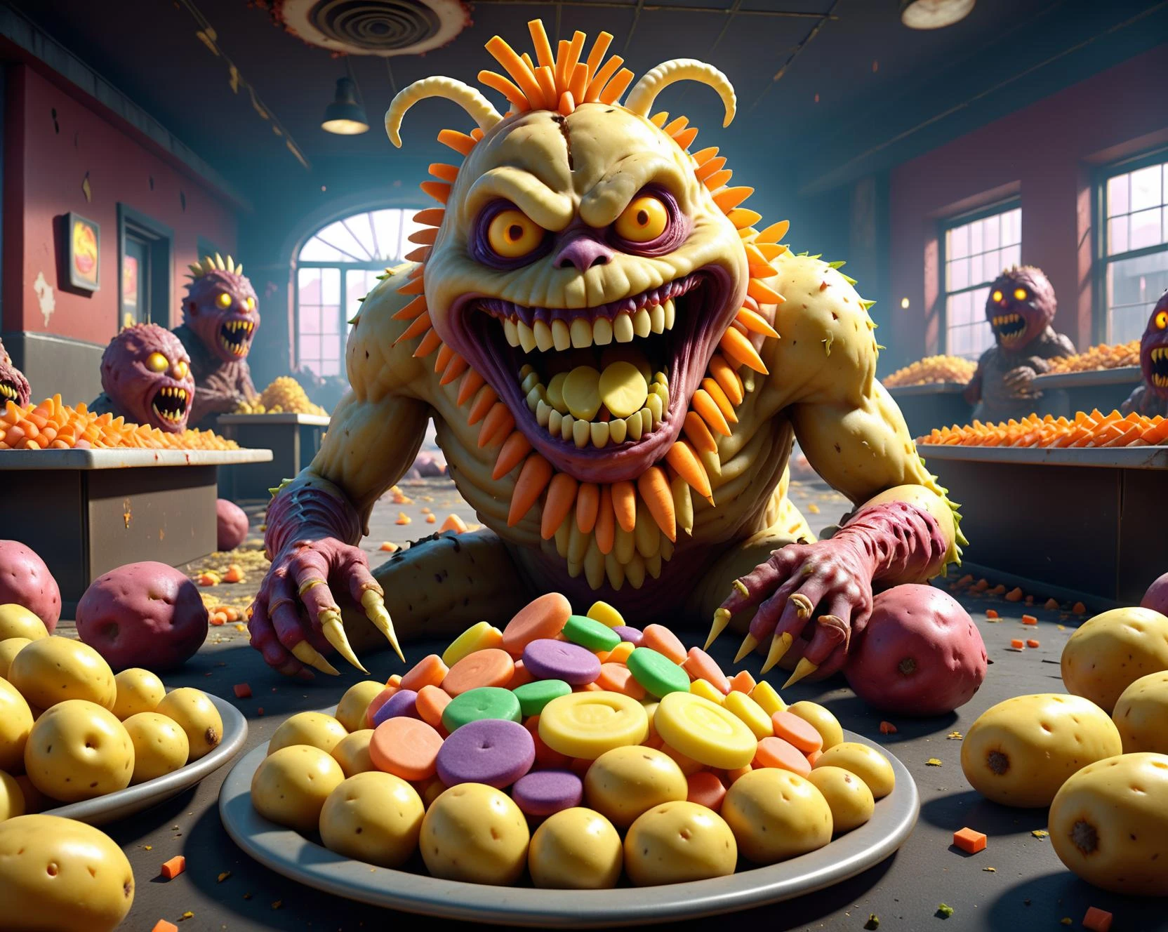Movie action scene of a creature ( monster consisting entirely of slices of potatoes and carrots) with an evil smile on its face eating candy, 3d style, CGI, extremely quality, extremely detailed, ultra realistic, horror style, in an abandoned McDonald's cafe, destroyed post-apocalyptic city in the background ,monster,HellAI, Ancient one <lora:GCXL_v4:0.6>, <lora:Candy_land_2:0.5>