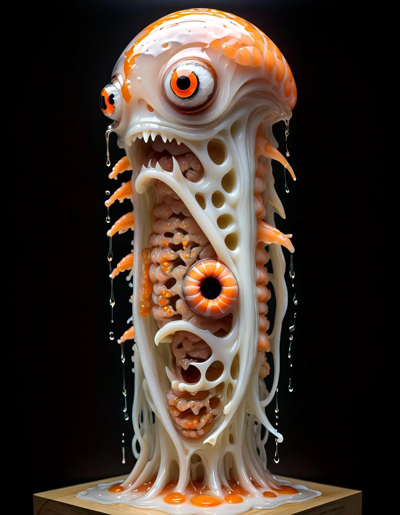 C(disturbing:1.15) entity amidst a labyrinth of Escher-like geometries. Its sinewy, (metallic parts:1.05) should interlace with the patterns, making it difficult to discern where the she (evil sushi:1.1) fish (roe face:1.25) creature ends and the background begins. The patterns should seem to pulsate with the creature's (unnatural:1.05) life.(Horror:1.15), (liquid melting and dripping brain:1.15),hot spicy sauce, painfull spicy, 1million scoville, painted with a chainsaw,hyperrealistic, photorealistic, Ancient one,(gigercraft:1.1), (c1bo:1.1),