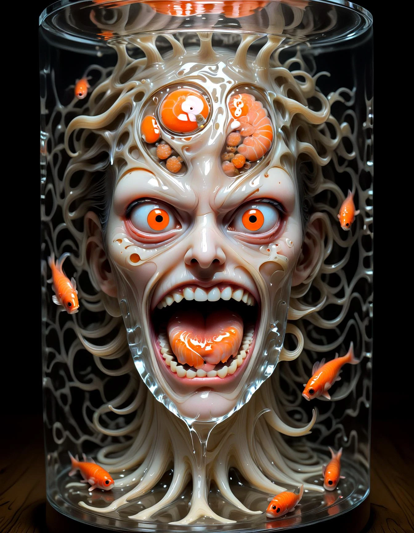 C(disturbing:1.15) entity amidst a labyrinth of Escher-like geometries. Its sinewy, (metallic parts:1.05) should interlace with the patterns, making it difficult to discern where the she (evil sushi:1.1) fish (roe face:1.25) creature ends and the background begins. The patterns should seem to pulsate with the creature's (unnatural:1.05) life.(Horror:1.15), (liquid melting and dripping brain:1.15),hot spicy sauce, painfull spicy, 1million scoville, painted with a chainsaw,hyperrealistic, photorealistic, Ancient one,(gigercraft:1.1), (c1bo:1.1),