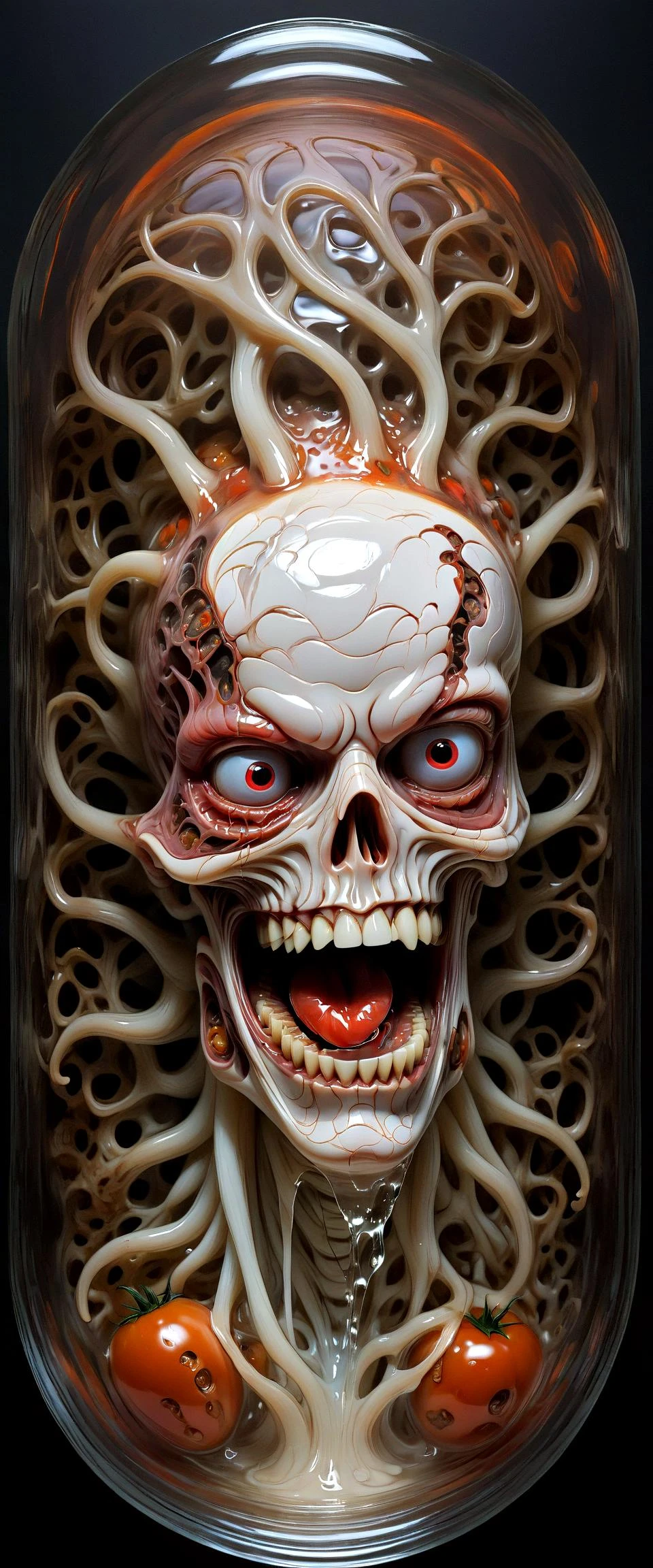 Create a (disturbing:1.15) entity amidst a labyrinth of Escher-like geometries. Its sinewy, (metallic parts:1.05) should interlace with the patterns, making it difficult to discern where the white (evil dead:1.1) face creature ends and the background begins. The patterns should seem to pulsate with the creature's (unnatural:1.05) life.(Horror:1.15), (liquid melting and dripping brain:1.15), tomatoe, hot spicy sauce, painfull spicy, 1million scoville, trippleheadedpsychedelicfrog licked by the artist inspired by alex grey, painted with a chainsaw,hyperrealistic, photorealistic, Ancient one,(gigercraft:1.1), (c1bo:1.1),