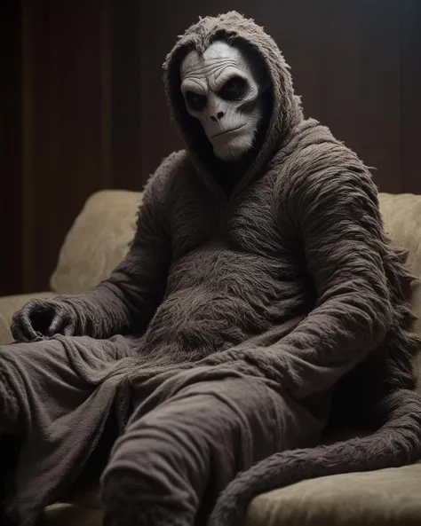 photo of a A humanoid creature completely covered with a nanochew with a long tail in a terry dressing gown is sitting on a sofa watching TV, <lora:GCXL_v4:0.5>