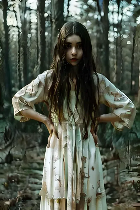Ghostly portrait in a dark forest, girl