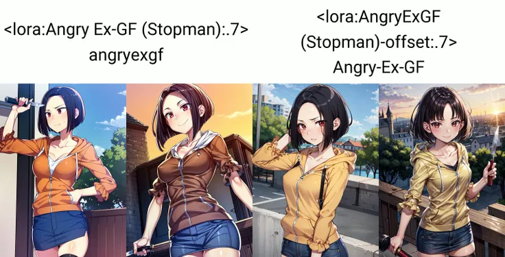 ((best quality)), ((highly detailed)), masterpiece, extremely detailed face, beautiful face, , (1girl), (solo), Forced Perspective, upper body, <lora:Angry Ex-GF (Stopman):.7> angryexgf, red eyes, brown eyes, black hair, short hair, bob cut, forehead, sidelocks, parted hair, tsurime, medium breasts, orange hoodie, hood down, blue pencil skirt, mini denim skirt, black thighhighs, black undershirt, sleeves past elbows, frilled sleeves, bell sleeves, collarbone, white trim, holding knife, (outdoors, at a resort, afternoon)