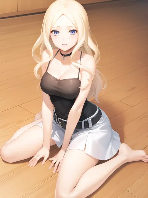 (extremely detailed CG unity 8k wallpaper), (masterpiece), (best quality), finely detailed,
irina jelavic, black choker, black sleeveless shirt, spaghetti strap, white skirt, black belt, barefoot, cowboy shot, wariza, sitting, wooden floor, simple background, looking at viewer