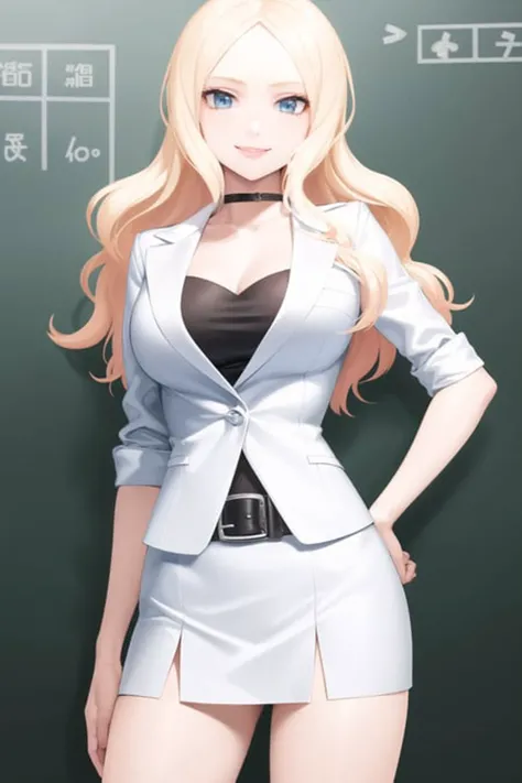 (masterpiece), (best quality), extremely detailed,
irina jelavic, black choker, white jacket, black sleeveless shirt, white skirt, black belt, classroom, cowboy shot, confident, smile, (smirk:0.8),
hand on hip, arm at side