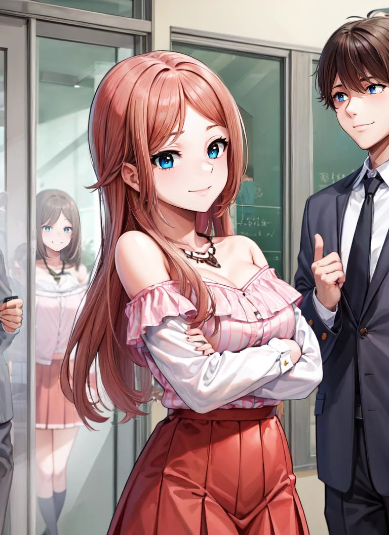 ((best quality)), ((highly detailed)), absurdres, extremely detailed face, beautiful face, (detailed eyes, deep eyes), (1girl), <lora:ZoomLayer:1>, IncrsZmLayer, zoom layer, cowboy shot, <lora:hairdetailer:.7>, <lora:MusashinoTakumi:1>, takumi-musashino, pink hair, long hair, blue eyes, smiling, yellow shirt, off shoulder shirt, collarbone, necklace, red skirt, kneehighs, pink legwear, (indoors, <lora:school_hallway_v0.1:1>, school hallway, school uniform, BREAK (((multiple girls,multiple boys))))