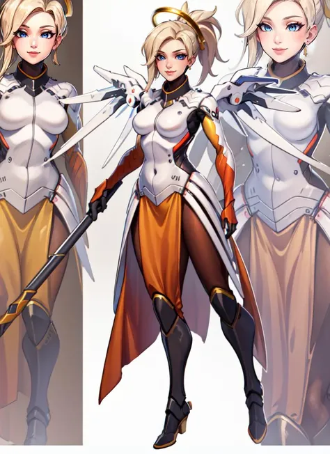 ((best quality)), ((highly detailed)), absurdres, (detailed eyes, deep eyes), (1girl), <lora:ZoomLayer:1>, IncrsZmLayer, zoom layer, full body, <lora:OverWatch_Mercy-DEF:.7>, Mercy, blonde hair, ponytail, blue eyes, eyeliner, medium breasts, smiling, halo, mechanical wings, sci-fi bodysuit, pelvic curtain, pantyhose, boots, polearm, (outside, at a city, morning, sunrise)