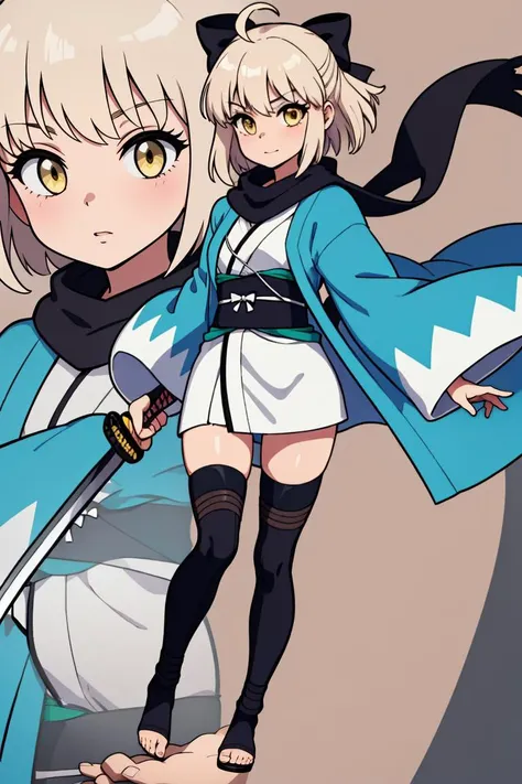 masterpiece, best quality, IncrsZmLayer, zoom layer <lora:OkitaSouji-10:.85> 1girl, OkitaSouji, arm guards, wide sleeves, toeless legwear, bangs, obi, white kimono, shinsengumi, black thighighs, yellow eyes, thighhighs, short kimono, haori, black bow, black scarf, short hair, ahoge, scarf, blonde hair, hairbow, bow, kimono, japanese clothes, <lora:ZoomLayer:1>