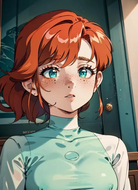 ((best quality)), ((highly detailed)), masterpiece, absurdres, (detailed eyes, deep eyes), (1girl), <lora:ZoomLayer:1>, IncrsZmLayer, zoom layer, upper body, red head, ginger hair, vibrant aqua eyes, ((freckles)), (body freckles), (indoors, in a bedroom), <lora:Bluethebone-IAWolf:.8>