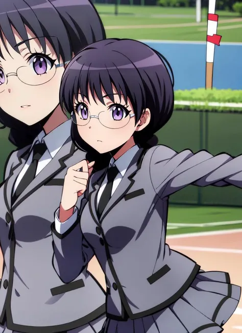 ((best quality)), ((highly detailed)), extremely detailed face, beautiful face, , (1girl), (solo), <lora:ZoomLayer:1>, IncrsZmLayer, zoom layer, dynamic pose, upper body, <lora:ManamiOkudaR4:.7>, ManamiOkudaR4, black hair, purple eyes, glasses, medium breasts, school uniform, grey jacket, blazer, white collared shirt, black necktie, grey skirt, pleated skirt, black kneehighs, black loafers, (outdoors, at a tennis court, <lora:tennis_dress-1.0:.8>, (tennis dress), sportswear, tennis ball, noon, hurricane)