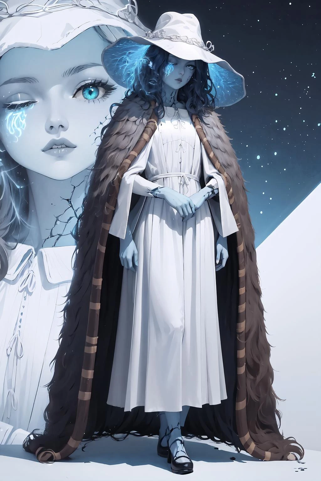 1girl, incrszmlayer, zoom layer, <lora:ZoomLayer:1>, Ranni, wavy hair, colored skin, blue skin, cracked skin, extra arms, extra faces, white dress, hat, cloak, <lora:Char_EldenRing_Ranni:0.9>, full body, ExtraFacesRanni, <lora:Looks_ExtraFaces:1>