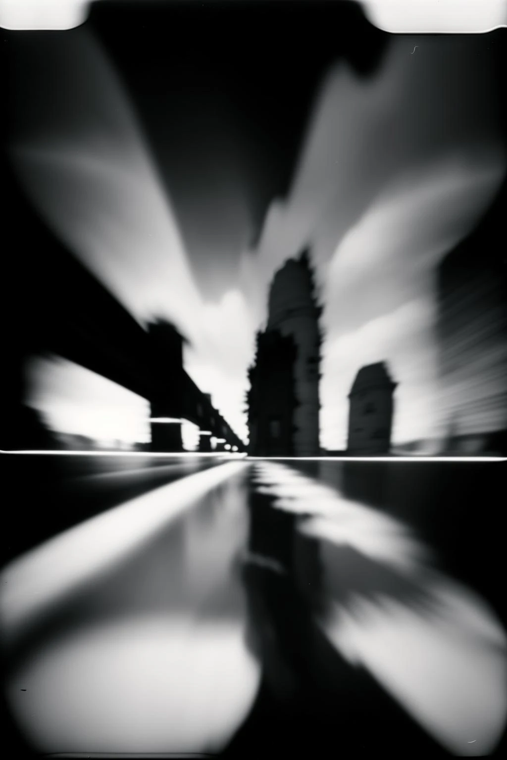 black and white photo , (( pinhole photography, )) , a city street with a bunch of tall buildings