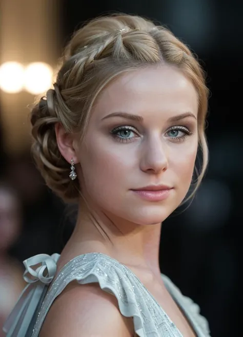 masterpiece, stunning photo of (jsdph woman:1.0) , with beautiful hair, hair upsweep updo, as a movie star in a (movie premiere), premiere gala, (near a movie theatre), natural skin texture, (LIGHT BLUE EMPIRE WAIST dress), 24mm, 4k textures, soft cinematic light, adobe lightroom, photolab, hdr, intricate, elegant, highly detailed, sharp focus, ((((cinematic look)))), soothing tones, insane details, intricate details, hyperdetailed, low contrast, soft cinematic light, exposure blend, hdr, faded, (paparazzi in background), ((looking at viewer:1.1))<lora:JessicaDunphyDogu:1> <lora:zoom_slider_v1:1>