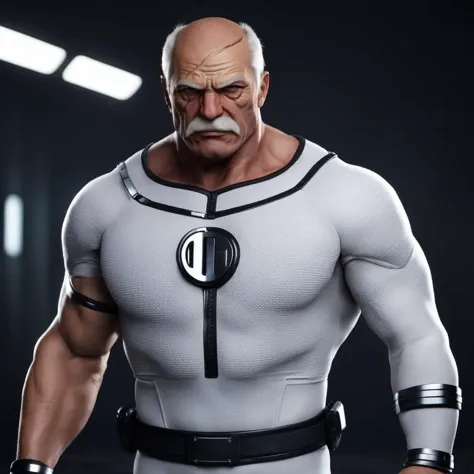 cinematic photo a very muscular old man in a white bodysuit, big scar on the head, detailed skin, <lora:Conquest1024:0.8> . 35mm photograph, film, bokeh, professional, 4k, highly detailed