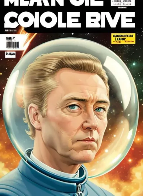 comic book portrait in the style of Herge , cwo1, man, man in astronaut suit with bubble helmet, simple background, white background, epic art <lora:ChristopherWalkenOld:0.9> pervpulp15