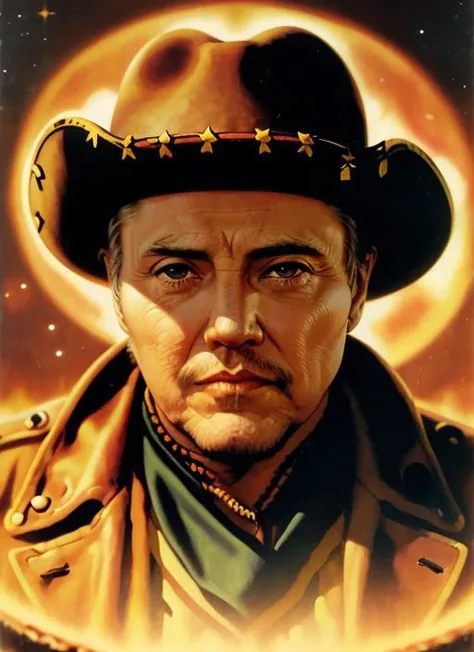 cwo1 a painting, by Allen Anderson, full shot, bright colors, well lit; a man, floating, ((wearing a spaghetti western cowboy mexican bandito outfit)); in space, a planet in background, black background; scifi, science fiction, action, futuristic, PulpCover, pulp style, olfn <lora:ChristopherWalkenOld:1>