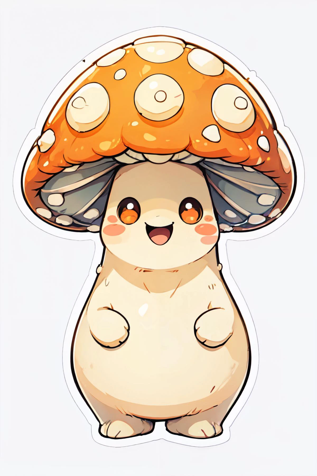 <lora:Kawaii:1>, =_=, solo, looking at viewer, blush, smile, simple background, white background, full body, :d, no humans, blush stickers, happy, outline, white outline, mushroom, orange mushroom cap,