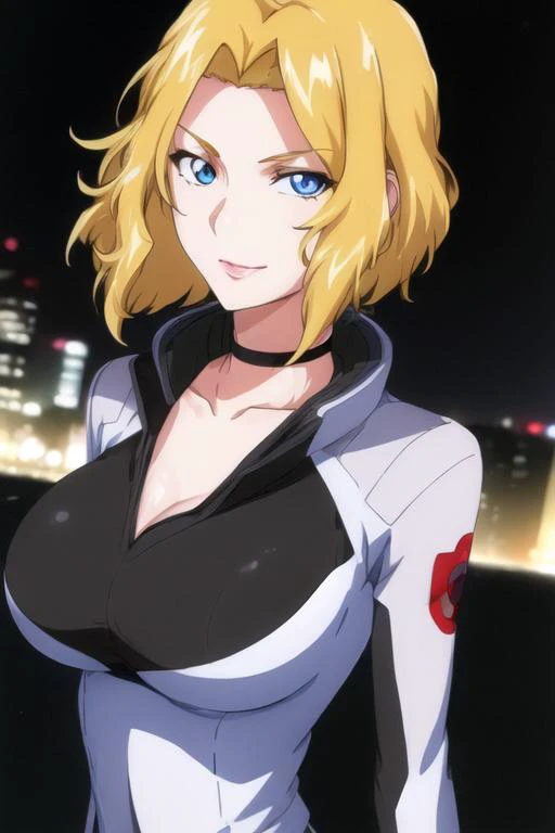(Night:1.7), Japan, Tokyo, CityView, Before Window,
Standing at attention,
black and white outfit,bodysuit, 
<lora:Jane_Houston_MSV-KK77-V1:0.7>,jewelry,collarbone,choker,
blonde hair, Blue eyes,short hair,
1 girl, 20yo,Young female,Beautiful Finger,Beautiful long legs,Beautiful body,Beautiful Nose,Beautiful character design, perfect eyes, perfect face,expressive eyes,
looking at viewer, in the center of the image,(Upper_body),(close-Up),(Focus on her face),evil smile,
official art,extremely detailed CG unity 8k wallpaper, perfect lighting,Colorful, Bright_Front_face_Lighting,shiny skin,
(masterpiece:1.0),(best_quality:1.0), ultra high res,4K,ultra-detailed,
photography, 8K, HDR, highres, absurdres:1.2, Kodak portra 400, film grain, blurry background, bokeh:1.2, lens flare, (vibrant_color:1.2)
(Beautiful,large_Breasts:1.4), (beautiful_face:1.5),(narrow_waist),