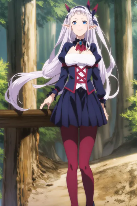 lulucy <lora:Lulucy:0.9> , silver hair, hair ribbon, beautiful face, light smile, blue eyes, maroon legwear, (masterpiece:1.2), best quality, absurdres, extremely detailed wallpaper, perfect lighting, forest,