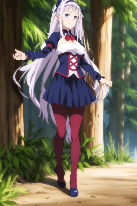 lulucy <lora:Lulucy:0.9> , silver hair, hair ribbon, beautiful face, light smile, blue eyes, maroon legwear, (masterpiece:1.2), best quality, absurdres, extremely detailed wallpaper, perfect lighting, forest,