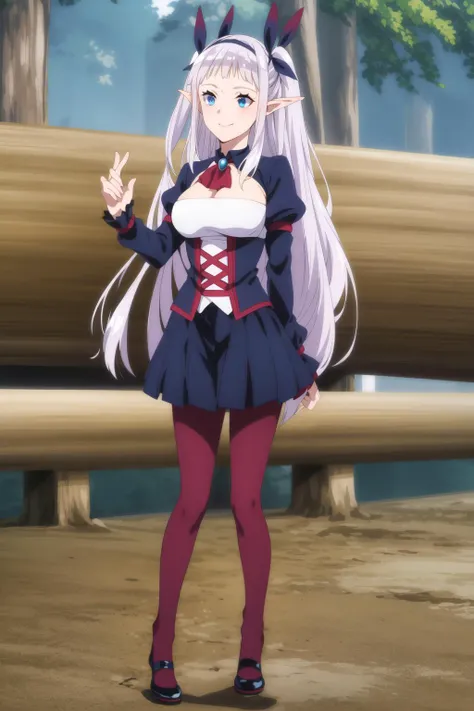 lulucy <lora:Lulucy:0.9> , silver hair, hair ribbon, beautiful face, light smile, blue eyes, maroon legwear, black shoes, (masterpiece:1.2), best quality, absurdres, extremely detailed wallpaper, perfect lighting,