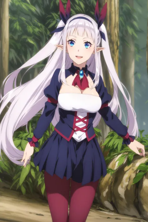 lulucy <lora:Lulucy:0.9> , silver hair, hair ribbon, beautiful face, light smile, blue eyes, maroon legwear, (masterpiece:1.2), best quality, absurdres, extremely detailed wallpaper, perfect lighting, forest,