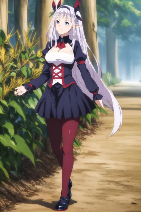 lulucy <lora:Lulucy:0.9> , silver hair, hair ribbon, beautiful face, light smile, blue eyes, maroon legwear, black shoes, (masterpiece:1.2), best quality, absurdres, extremely detailed wallpaper, perfect lighting, forest,