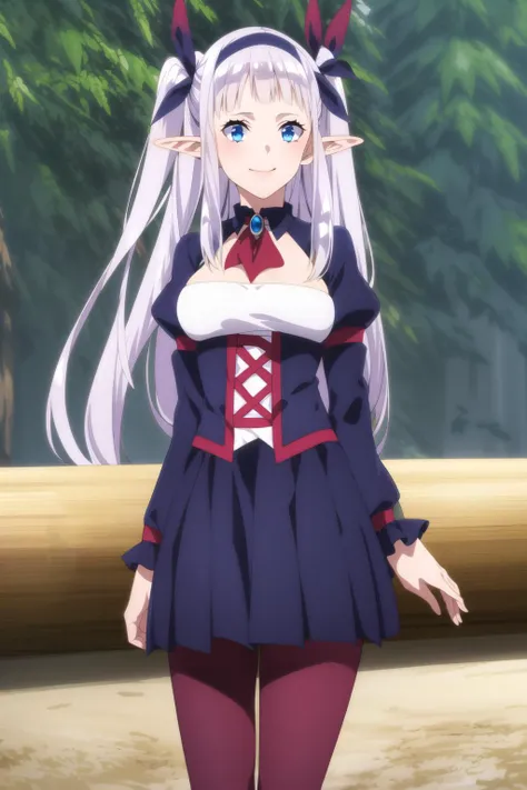 lulucy <lora:Lulucy:0.9> , silver hair, hair ribbon, beautiful face, light smile, blue eyes, maroon legwear, (masterpiece:1.2), best quality, absurdres, extremely detailed wallpaper, perfect lighting,